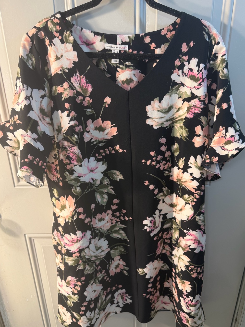 Isaac Mizrahi Black Midi Dress with Pink & White Floral Print Fall